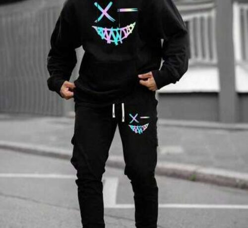 Men's Tracksuit Regular Fit, Face Printed Hooded Sweatshirt And Pants Set, Spring And Autumn