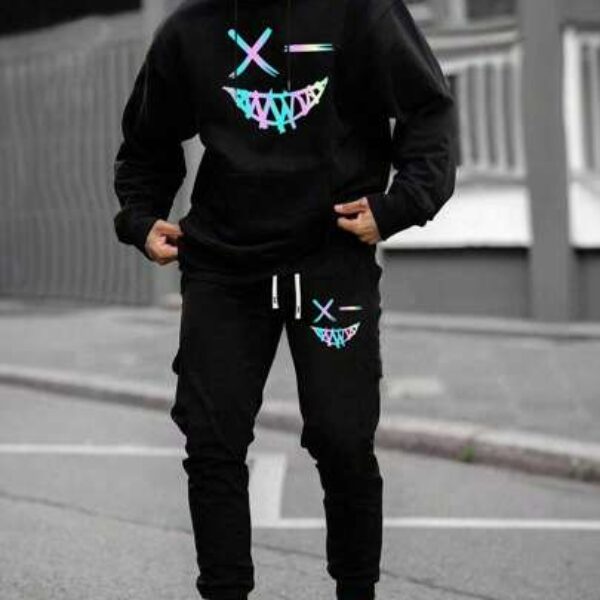 Men's Tracksuit Regular Fit, Face Printed Hooded Sweatshirt And Pants Set, Spring And Autumn